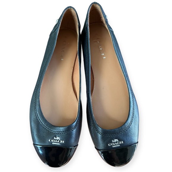COACH Chelsea Black Matte Calf Leather Patent Cap Toe Silver Logo Flats Size 7 - Picture 3 of 15